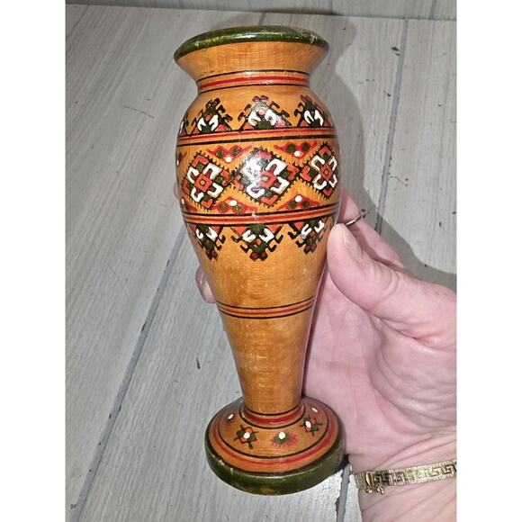 Vintage Unique Ukrainian Handmade, Hand Painted Vase From Natural Hardwood - Picture 4 of 7